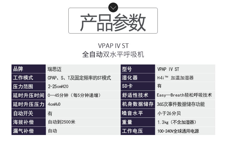 瑞思邁呼吸機VPAP IV ST 全自動雙水平 有效治療慢阻肺/肺心病/呼吸功能不全  產(chǎn)品參數(shù)
